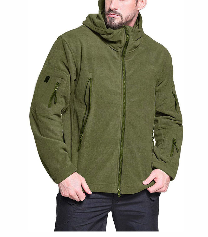 Miesten tuulenpitävä huoodillinen fleece-takki, edestä, vetoketjulliset taskut, rento ja tyylikäs ulkoiluun.