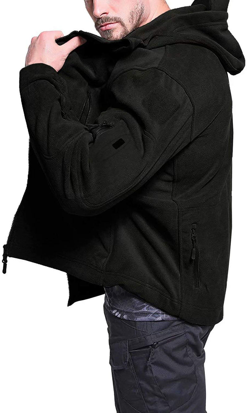 Miesten tuulenpitävä huoodillinen fleece-takki, edestä, vetoketjulliset taskut, rento ja tyylikäs ulkoiluun.