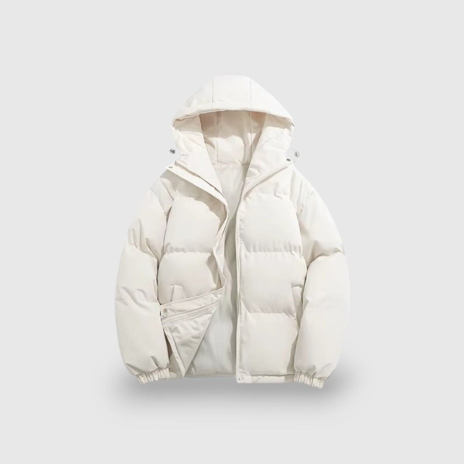 Mænds stilfulde isolerede parka jakke, vindtæt og vandafvisende, fuld lynlås og skræddersyet design.