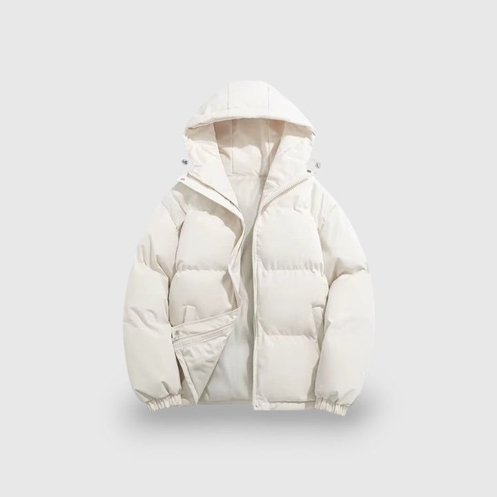 Mænds stilfulde isolerede parka jakke, vindtæt og vandafvisende, fuld lynlås og skræddersyet design.