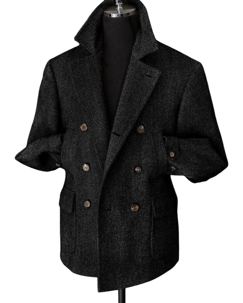 Mænds stilfulde dobbeltknappede blazer i uldblanding, moderne design og sofistikerede detaljer, fotograferet forfra.