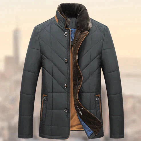 Mænds stilfulde sorte vinterjakke i nylon, slim fit, holder kulden ude, moderne design til bybrug.
