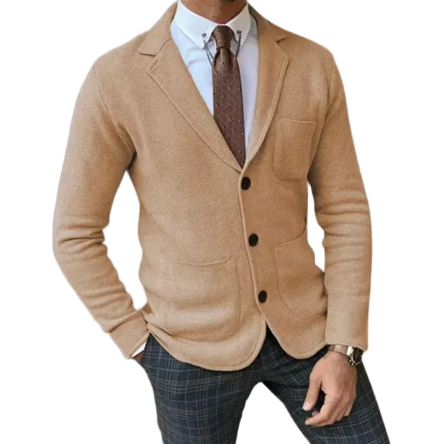 Herre stilfuld strikket blazer, moderne design, sofistikeret look, lysegrå strikket materiale, perfekt pasform.