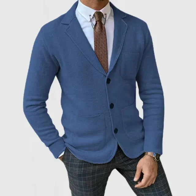 Herre stilfuld strikket blazer, moderne design, sofistikeret look, lysegrå strikket materiale, perfekt pasform.