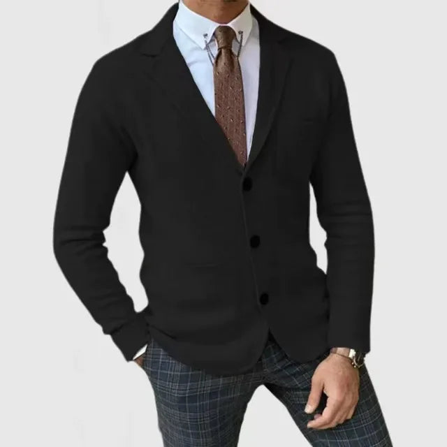 Herre stilfuld strikket blazer, moderne design, sofistikeret look, lysegrå strikket materiale, perfekt pasform.