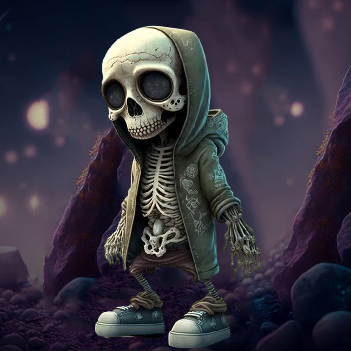 Stilfuld kranieskulptur til mænd i harpiks: sort skulptur, detaljeret overflade, kompakt størrelse, iøjnefaldende dekoration.