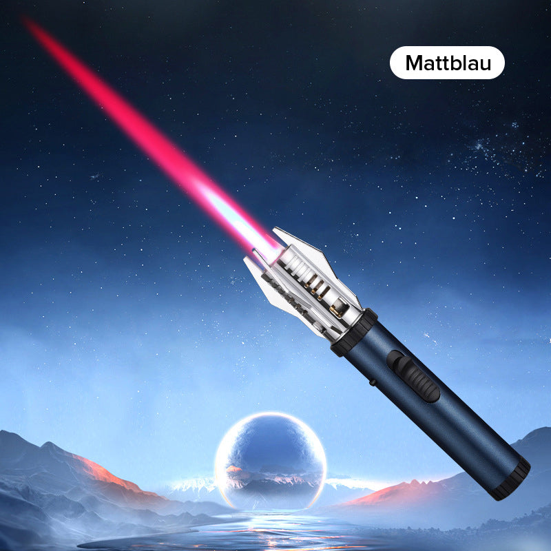"Miesten tyylikäs tuulenpitävä sytytin, Planeetta Lightsaber -muotoilu, metallinen runko, voimakas liekki, himmeä sininen vär