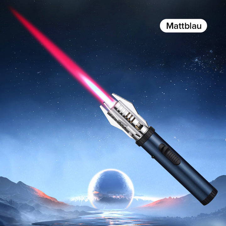 "Miesten tyylikäs tuulenpitävä sytytin, Planeetta Lightsaber -muotoilu, metallinen runko, voimakas liekki, himmeä sininen vär