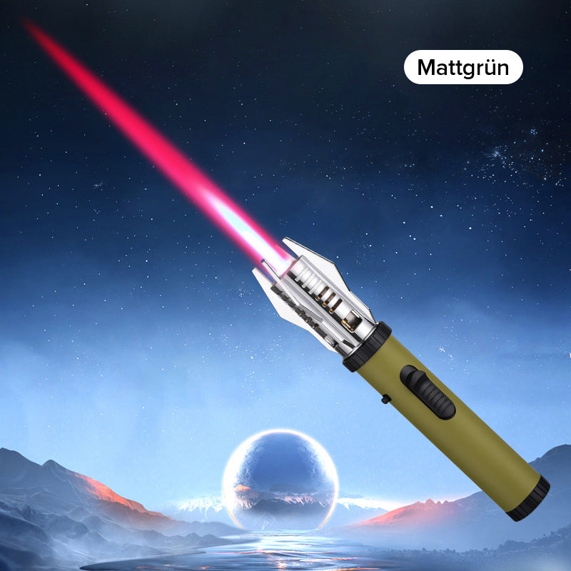 "Miesten tyylikäs tuulenpitävä sytytin, Planeetta Lightsaber -muotoilu, metallinen runko, voimakas liekki, himmeä sininen vär