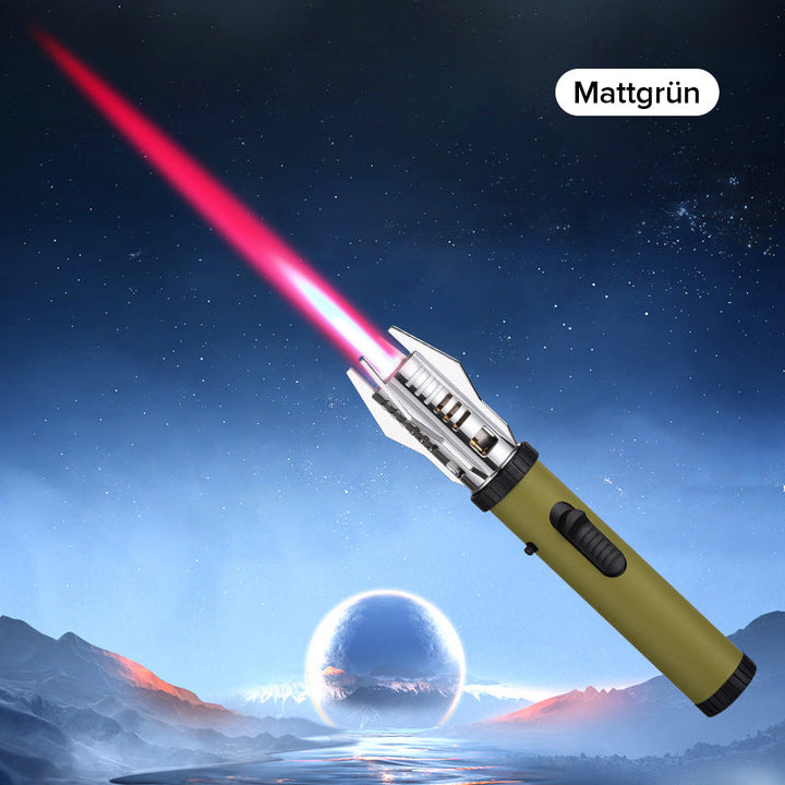 "Miesten tyylikäs tuulenpitävä sytytin, Planeetta Lightsaber -muotoilu, metallinen runko, voimakas liekki, himmeä sininen vär