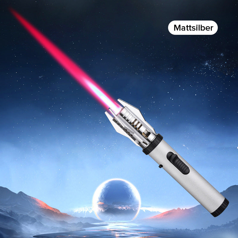 "Miesten tyylikäs tuulenpitävä sytytin, Planeetta Lightsaber -muotoilu, metallinen runko, voimakas liekki, himmeä sininen vär