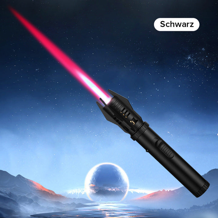 "Miesten tyylikäs tuulenpitävä sytytin, Planeetta Lightsaber -muotoilu, metallinen runko, voimakas liekki, himmeä sininen vär