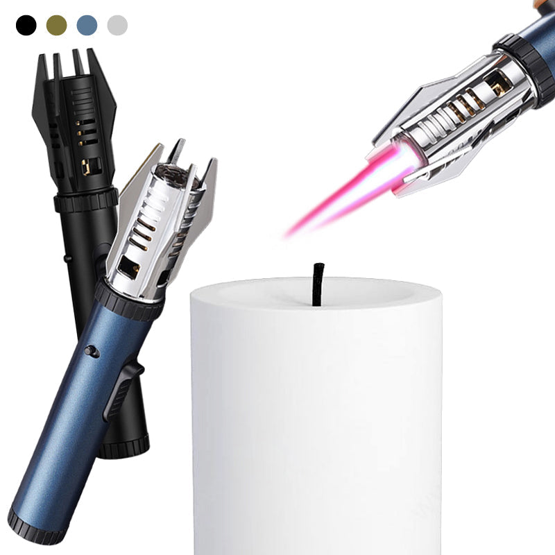 "Miesten tyylikäs tuulenpitävä sytytin, Planeetta Lightsaber -muotoilu, metallinen runko, voimakas liekki, himmeä sininen vär