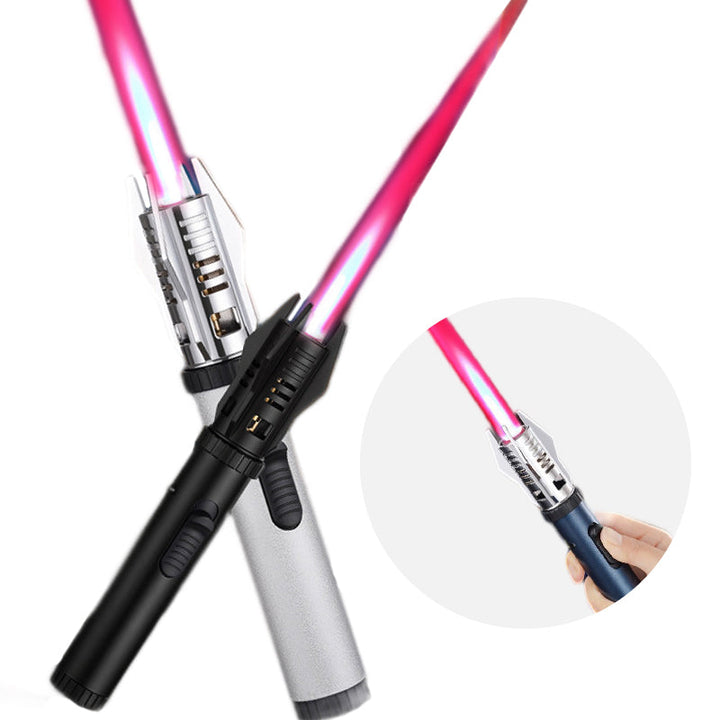 "Miesten tyylikäs tuulenpitävä sytytin, Planeetta Lightsaber -muotoilu, metallinen runko, voimakas liekki, himmeä sininen vär