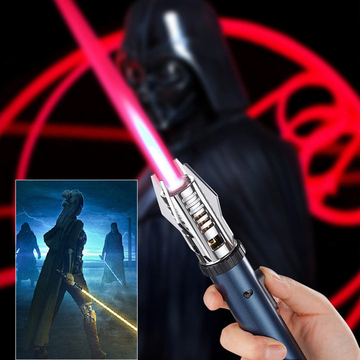 "Miesten tyylikäs tuulenpitävä sytytin, Planeetta Lightsaber -muotoilu, metallinen runko, voimakas liekki, himmeä sininen vär