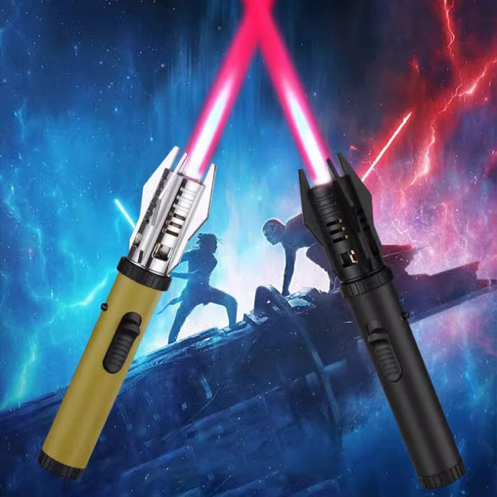 "Miesten tyylikäs tuulenpitävä sytytin, Planeetta Lightsaber -muotoilu, metallinen runko, voimakas liekki, himmeä sininen vär