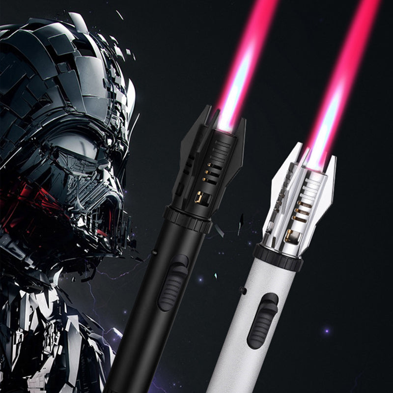 "Miesten tyylikäs tuulenpitävä sytytin, Planeetta Lightsaber -muotoilu, metallinen runko, voimakas liekki, himmeä sininen vär