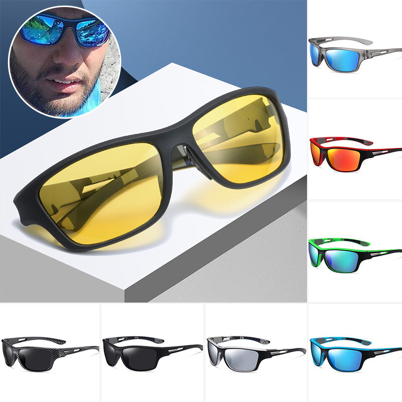 Herre outdoor solbriller med polariserede linser, sorte stel, UV-beskyttelse, stilfuldt og let design.