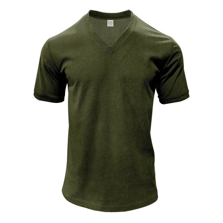 "Miesten vakosamettinen slim fit V-kaula-t-paita, pehmeä vakosamettikangas, tyylikäs muotoilu, lyhythihainen malli."
