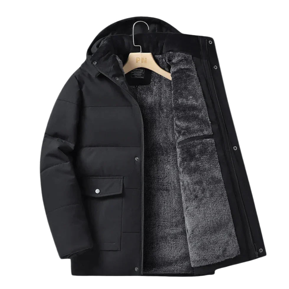 Herre vandtæt fleece vinterjakke, sort, varm fleeceforing, stilfuld og maskulin silhuet