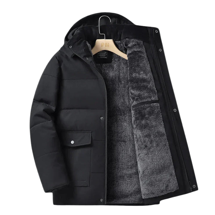 Herre vandtæt fleece vinterjakke, sort, varm fleeceforing, stilfuld og maskulin silhuet