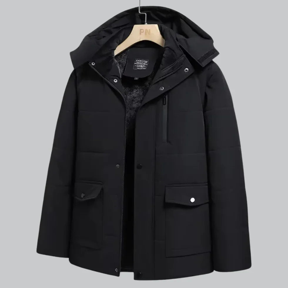 Herre vandtæt fleece vinterjakke, sort, varm fleeceforing, stilfuld og maskulin silhuet