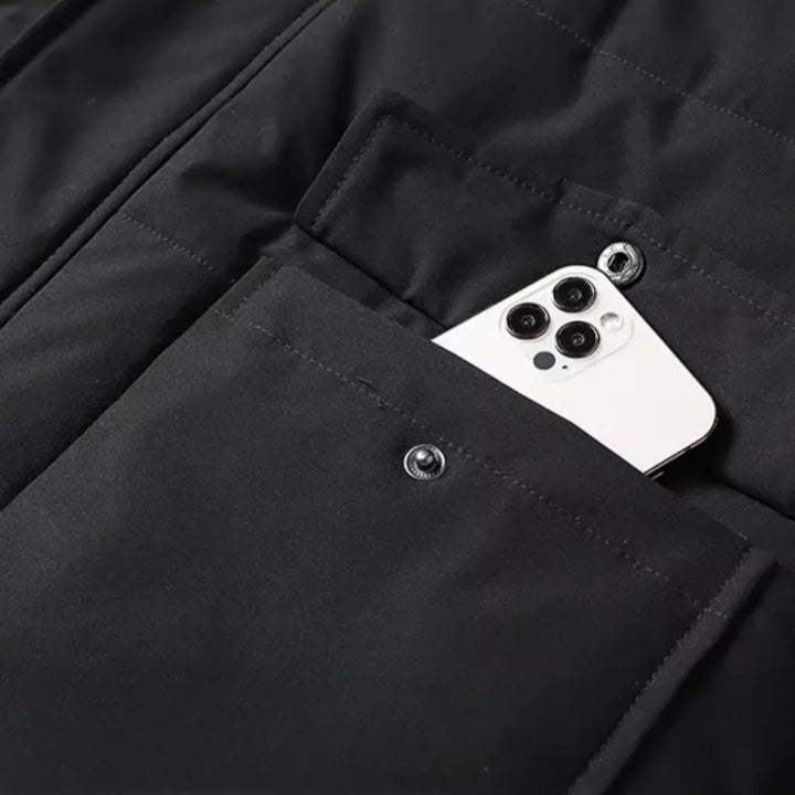 Herre vandtæt fleece vinterjakke, sort, varm fleeceforing, stilfuld og maskulin silhuet