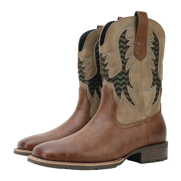 Miesten vintage cowboy-nahkakengät, kirjailtu beige nahka, klassinen tyyli, moderni ilme viittaa persoonallisuuteen.