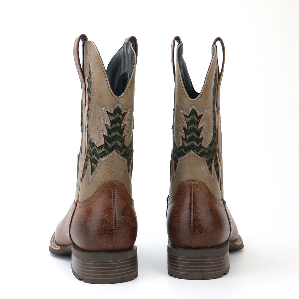 Miesten vintage cowboy-nahkakengät, kirjailtu beige nahka, klassinen tyyli, moderni ilme viittaa persoonallisuuteen.