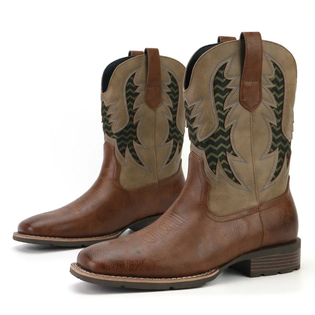 Miesten vintage cowboy-nahkakengät, kirjailtu beige nahka, klassinen tyyli, moderni ilme viittaa persoonallisuuteen.