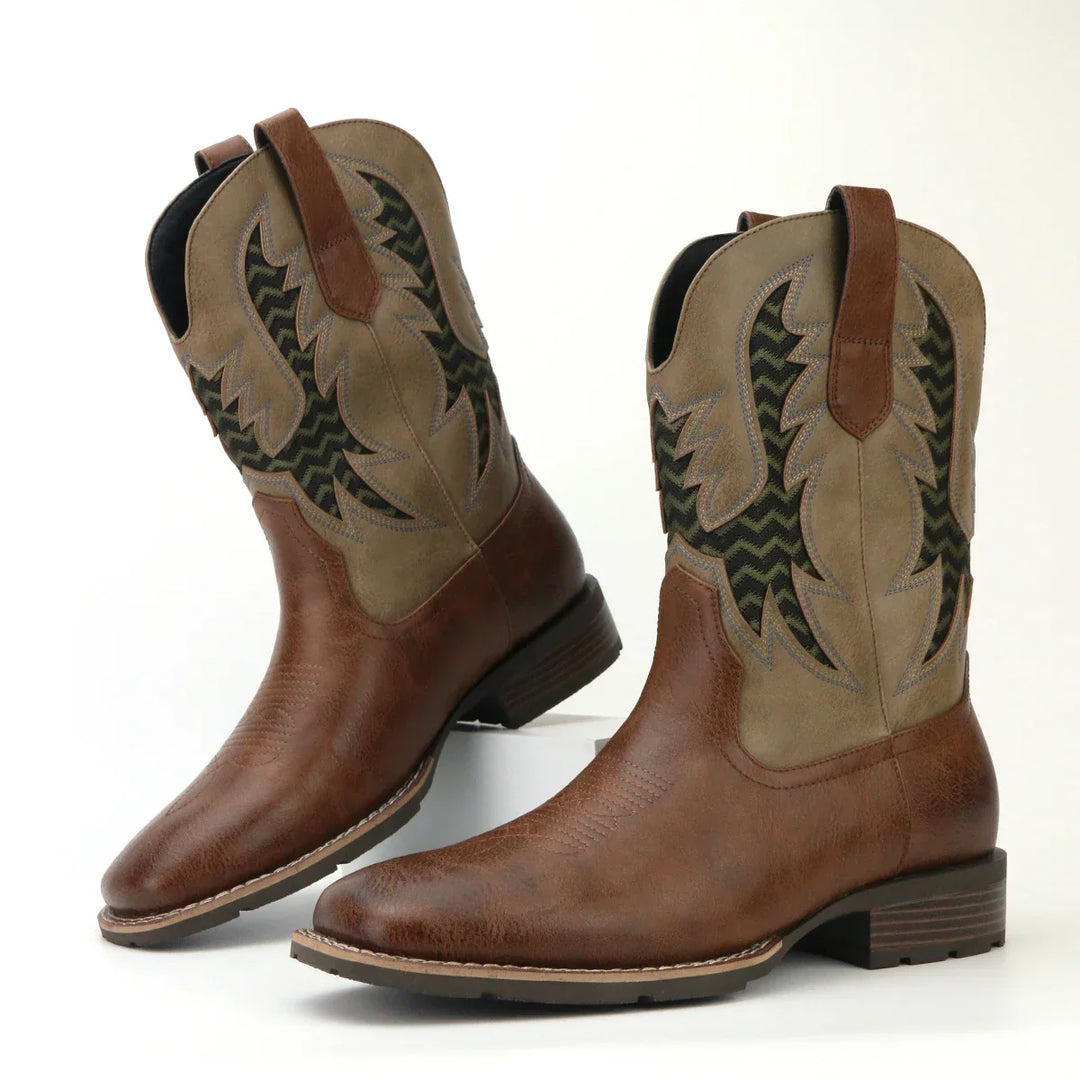Miesten vintage cowboy-nahkakengät, kirjailtu beige nahka, klassinen tyyli, moderni ilme viittaa persoonallisuuteen.