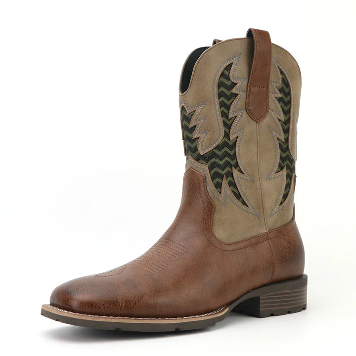 Miesten vintage cowboy-nahkakengät, kirjailtu beige nahka, klassinen tyyli, moderni ilme viittaa persoonallisuuteen.