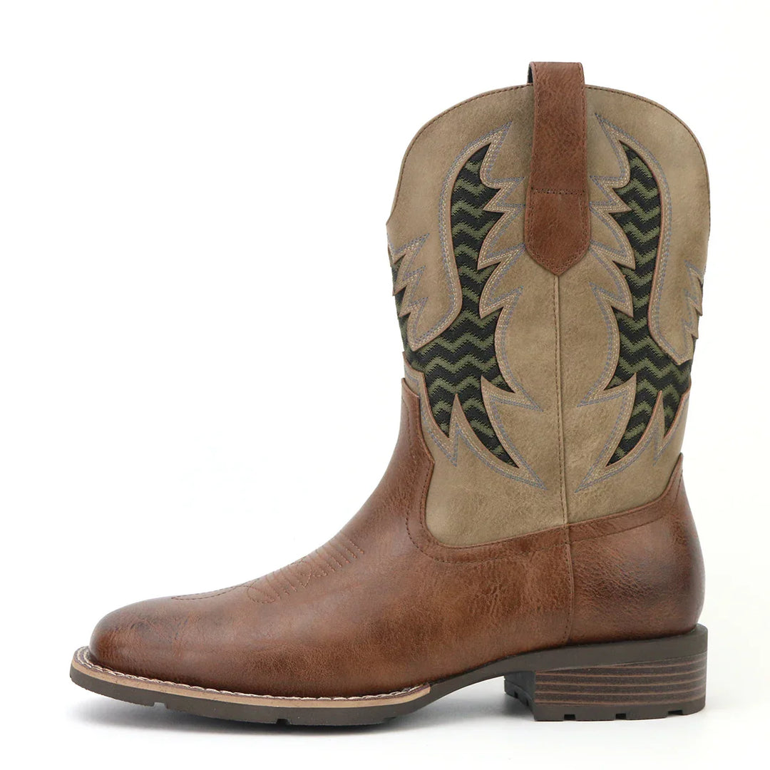 Miesten vintage cowboy-nahkakengät, kirjailtu beige nahka, klassinen tyyli, moderni ilme viittaa persoonallisuuteen.