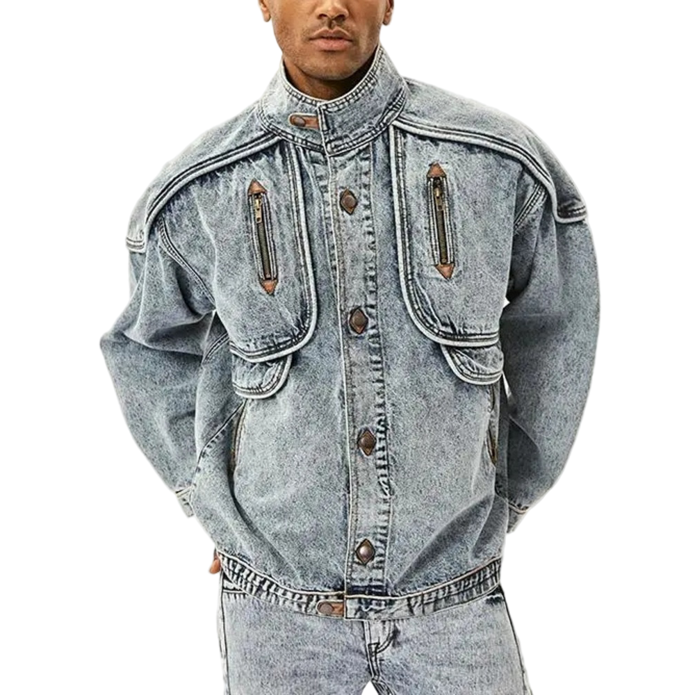 Herre vintage klassisk denimjakke, tidløs blå, afslappet pasform, med detaljerede syninger.