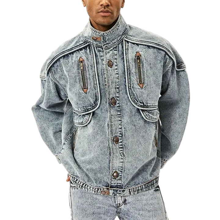 Herre vintage klassisk denimjakke, tidløs blå, afslappet pasform, med detaljerede syninger.