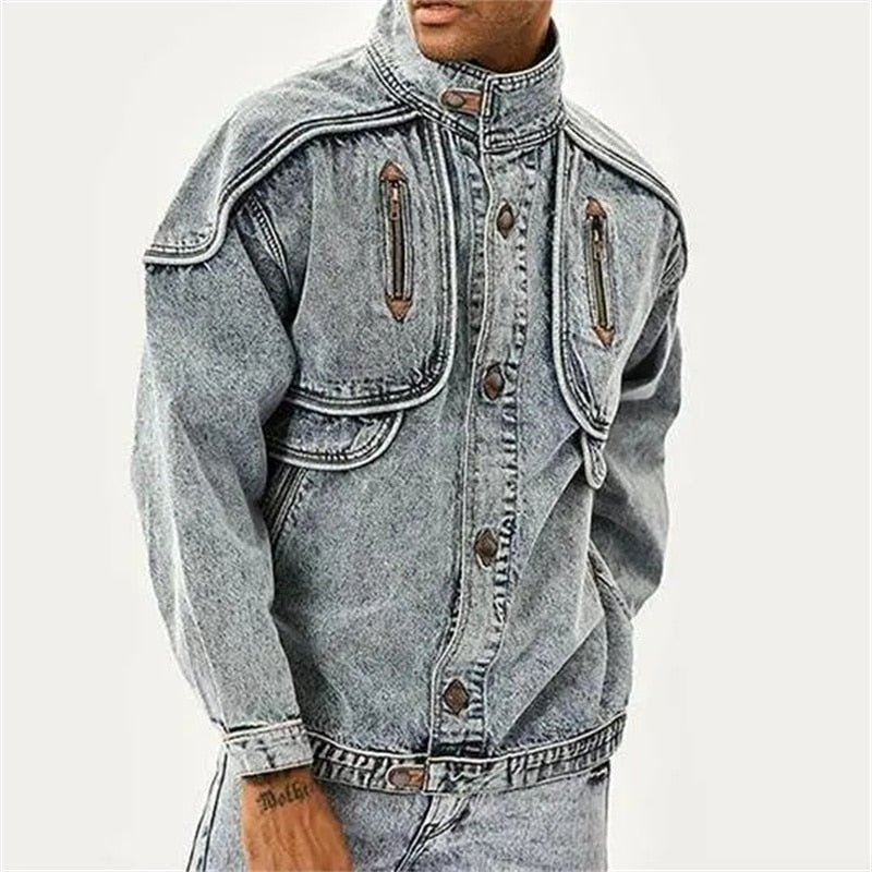 Herre vintage klassisk denimjakke, tidløs blå, afslappet pasform, med detaljerede syninger.