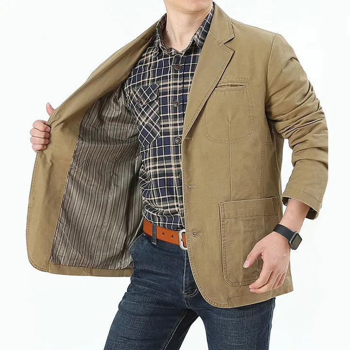 Herretøj vintage jakke, omvendt krave, klassisk snit, Khaki, elegant stil, tidløs mode, alsidig.
