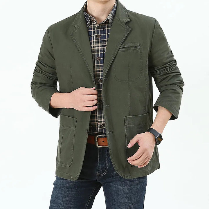 Herretøj vintage jakke, omvendt krave, klassisk snit, Khaki, elegant stil, tidløs mode, alsidig.