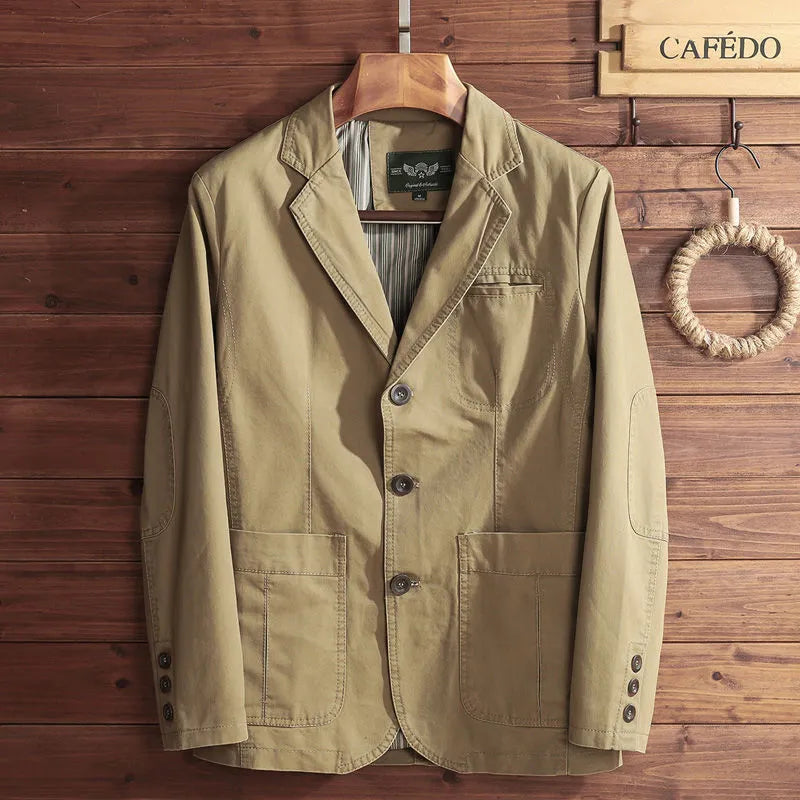Herretøj vintage jakke, omvendt krave, klassisk snit, Khaki, elegant stil, tidløs mode, alsidig.