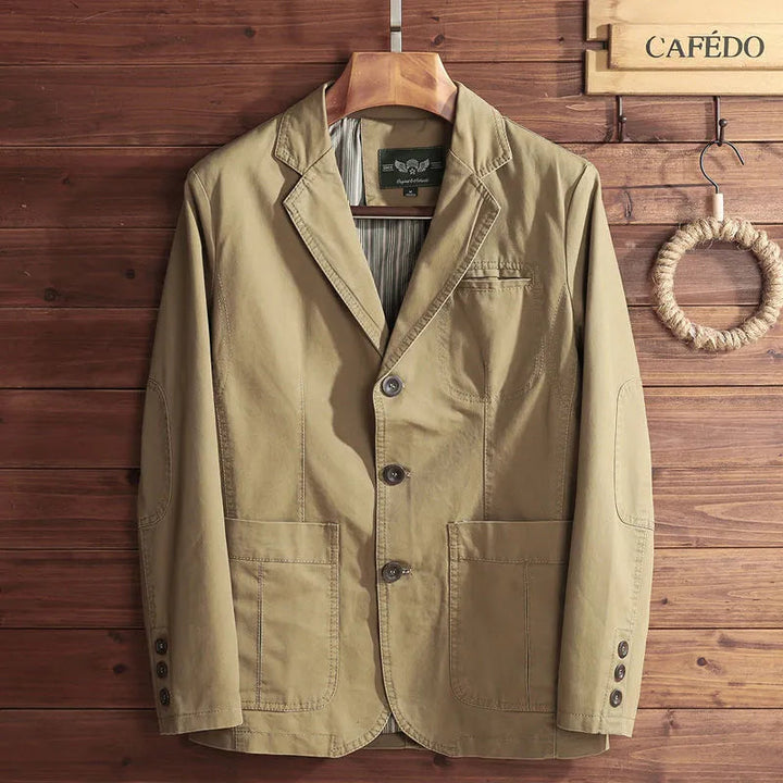 Herretøj vintage jakke, omvendt krave, klassisk snit, Khaki, elegant stil, tidløs mode, alsidig.