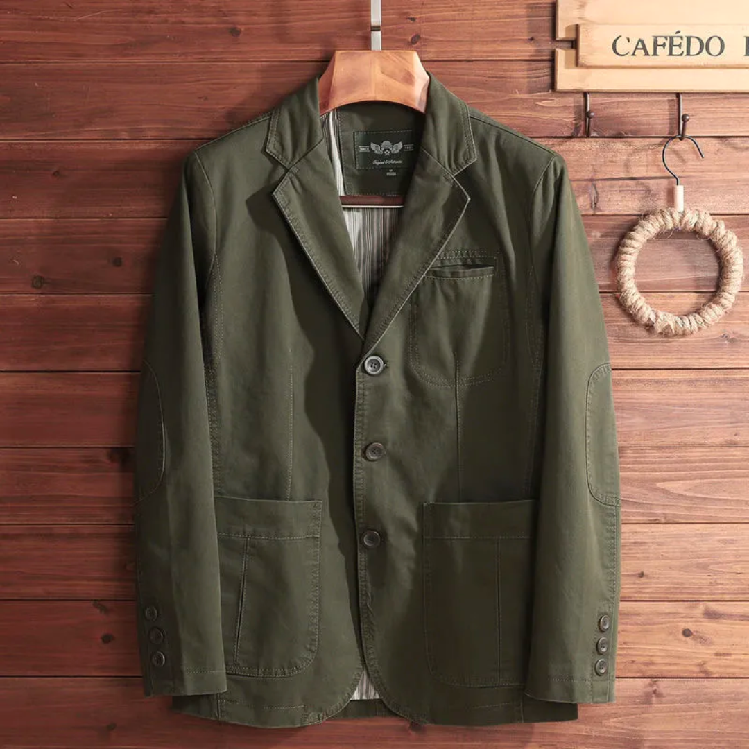 Herretøj vintage jakke, omvendt krave, klassisk snit, Khaki, elegant stil, tidløs mode, alsidig.