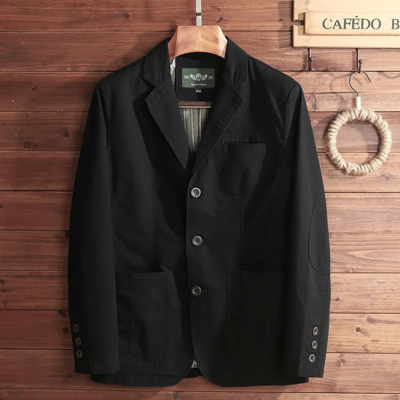 Herretøj vintage jakke, omvendt krave, klassisk snit, Khaki, elegant stil, tidløs mode, alsidig.