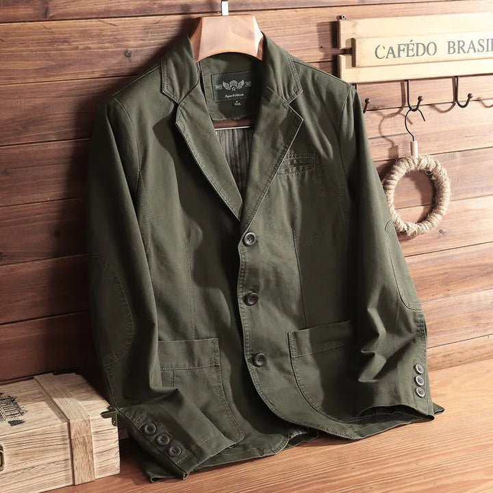 Herretøj vintage jakke, omvendt krave, klassisk snit, Khaki, elegant stil, tidløs mode, alsidig.