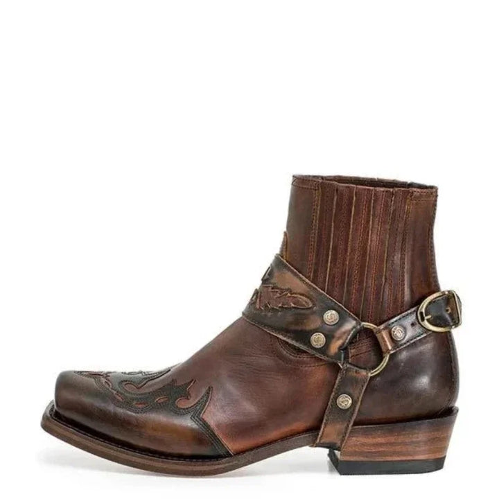 Miesten vintage-tyylinen, kirjailtu lyhyt saapas kestävällä kankaalla ja matalalla kannalla.