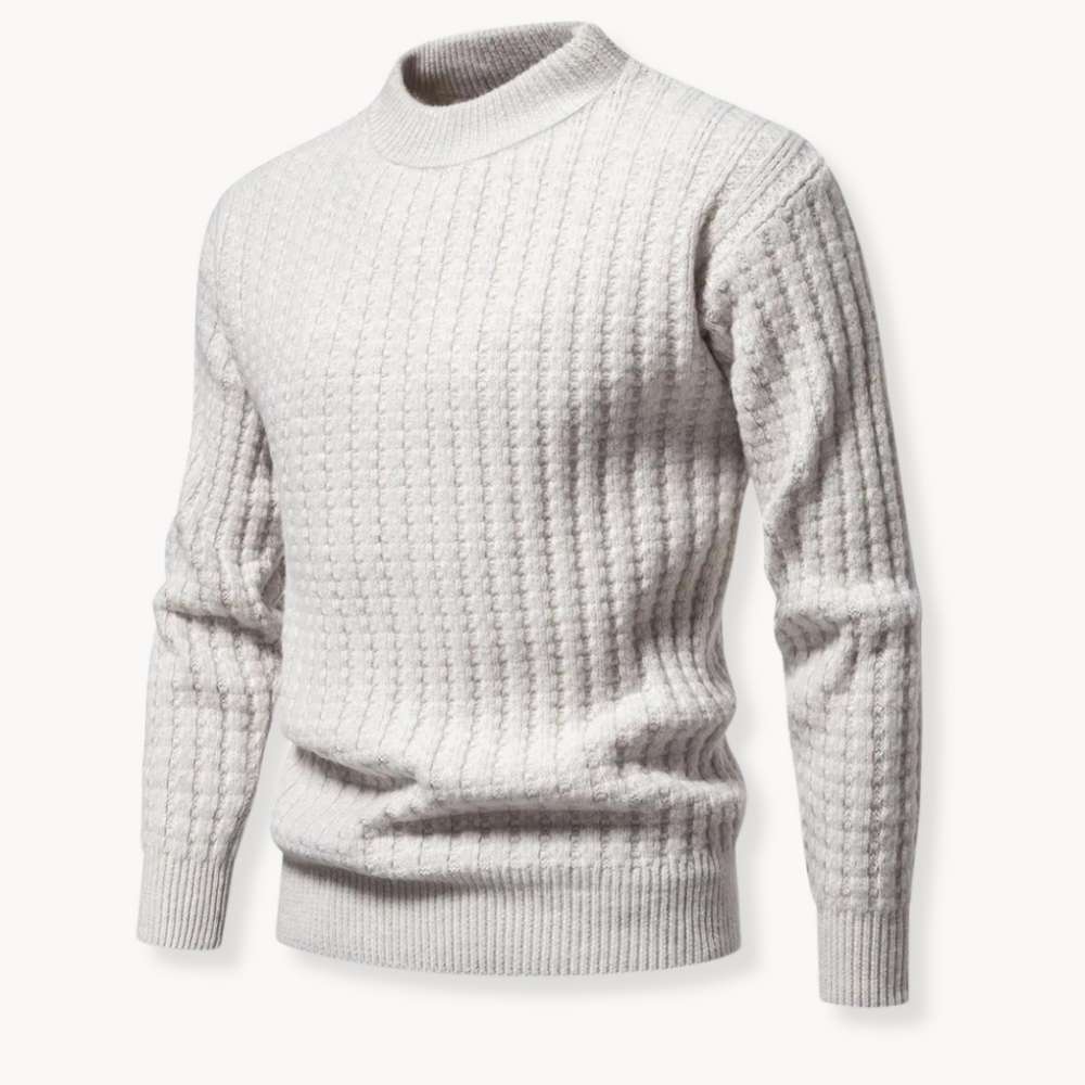 Miesten vohvelikangas crewneck pusero edestä luonnonläheisissä sävyissä sekä ylisuuret uurretut hihansuut.