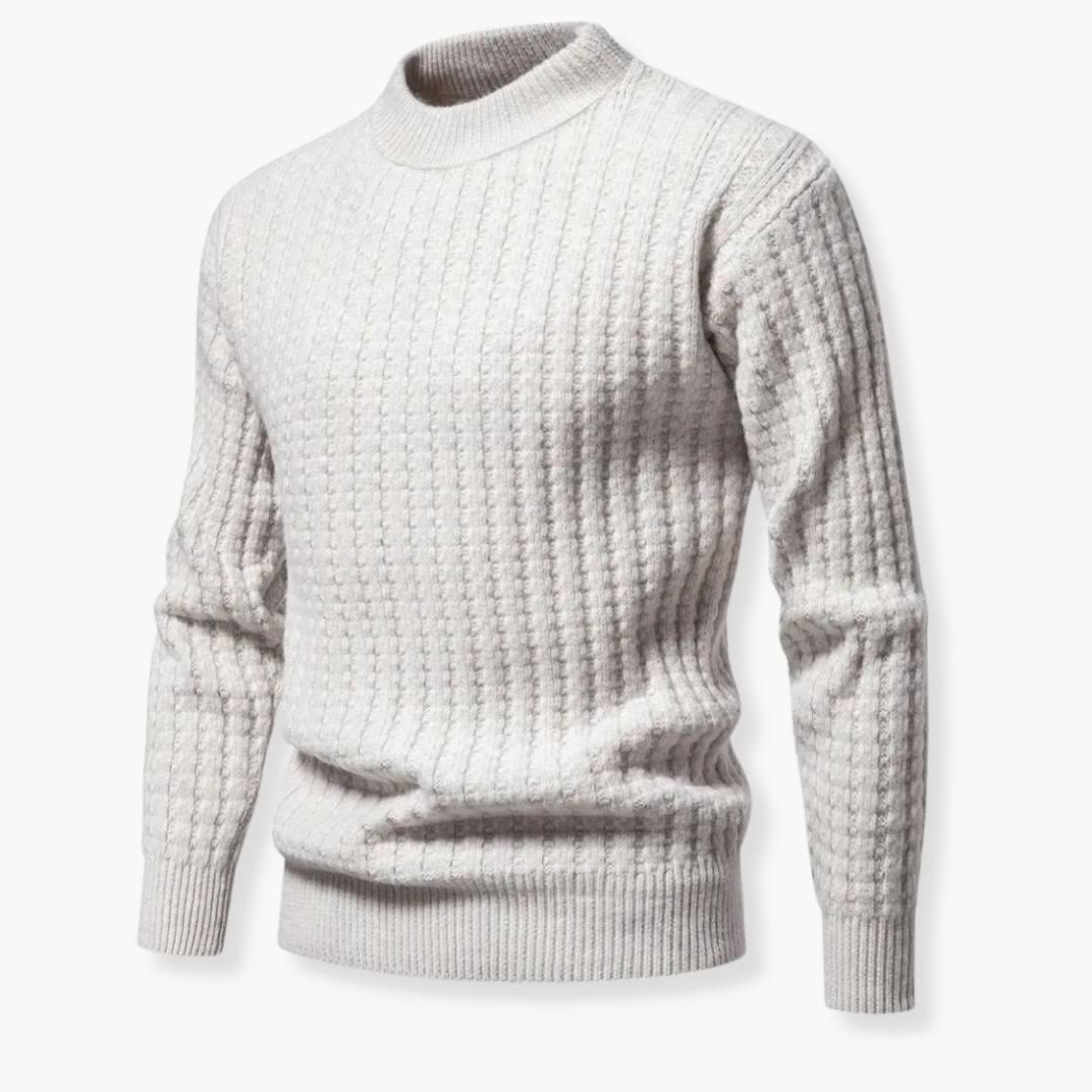 Miesten vohvelikangas crewneck pusero edestä luonnonläheisissä sävyissä sekä ylisuuret uurretut hihansuut.
