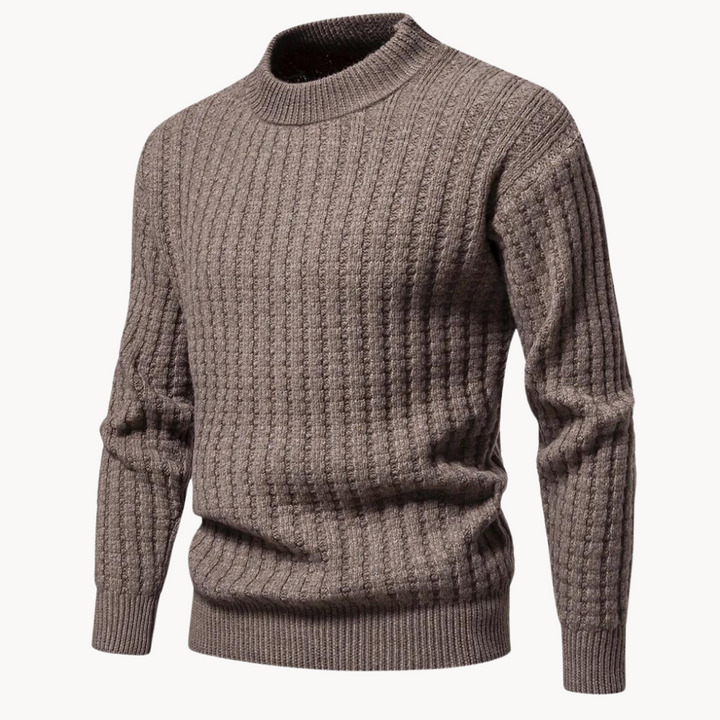 Miesten vohvelikangas crewneck pusero edestä luonnonläheisissä sävyissä sekä ylisuuret uurretut hihansuut.