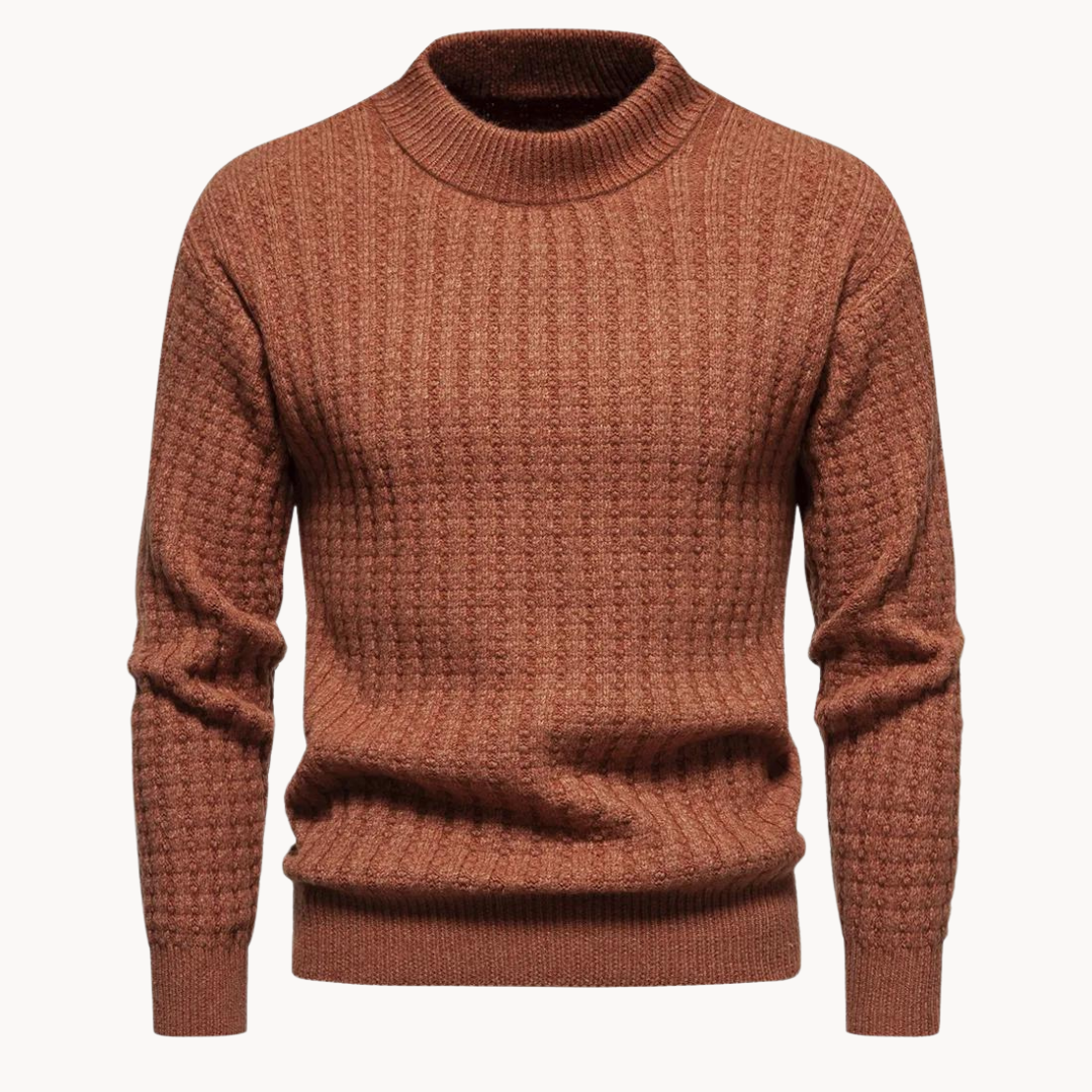 Miesten vohvelikangas crewneck pusero edestä luonnonläheisissä sävyissä sekä ylisuuret uurretut hihansuut.