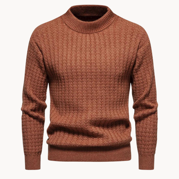 Miesten vohvelikangas crewneck pusero edestä luonnonläheisissä sävyissä sekä ylisuuret uurretut hihansuut.