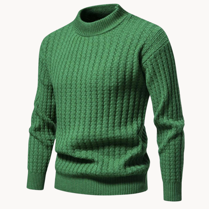 Miesten vohvelikangas crewneck pusero edestä luonnonläheisissä sävyissä sekä ylisuuret uurretut hihansuut.